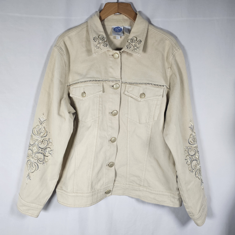 Diane Gilman‎ Tan Boxy Denim Jacket with Studs Sz M
